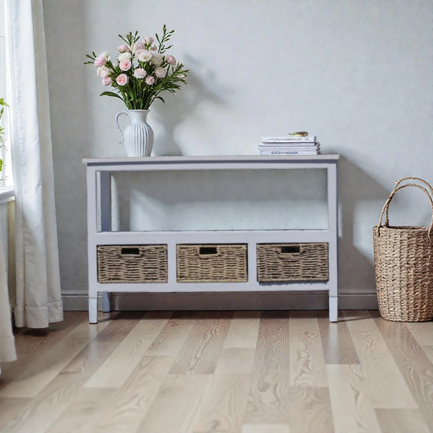 Wood TV Stand with Woven Cane Drawers – Handcrafted - Image 2